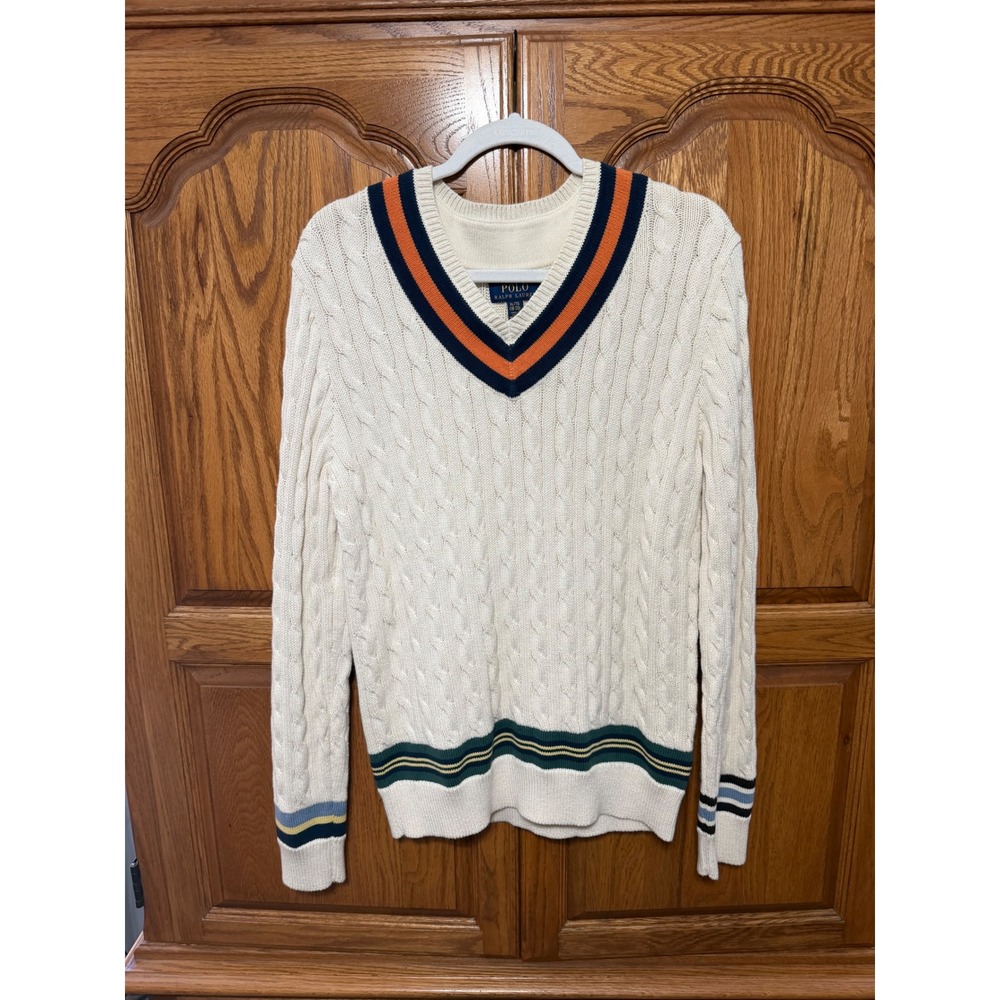 Polo Ralph Lauren Boys XL 18-20 Cricket Sweater Striped Cream Cable Knit V Neck